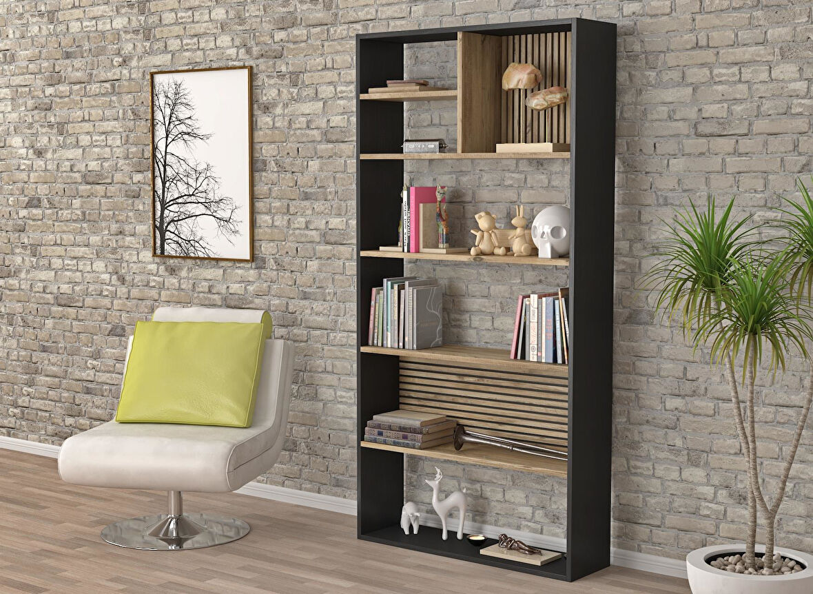 Nova Zebra 7 Bölmeli Kitaplıklık - Minifiks - Wood Siyah  Atlantik Çam