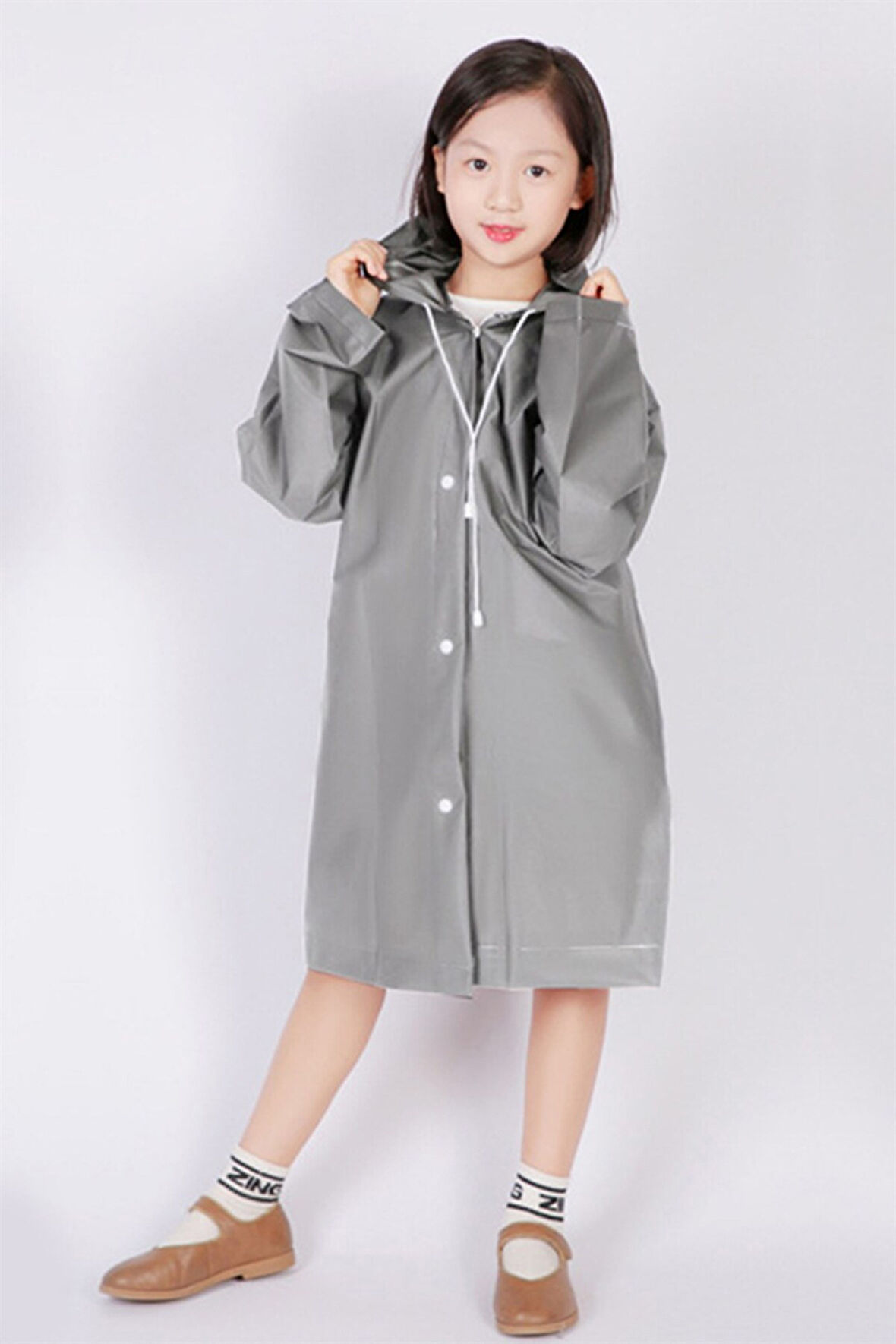 Gri Çocuk Yağmurluk Kız ve Erkek Çocuk 7-12 Yaş