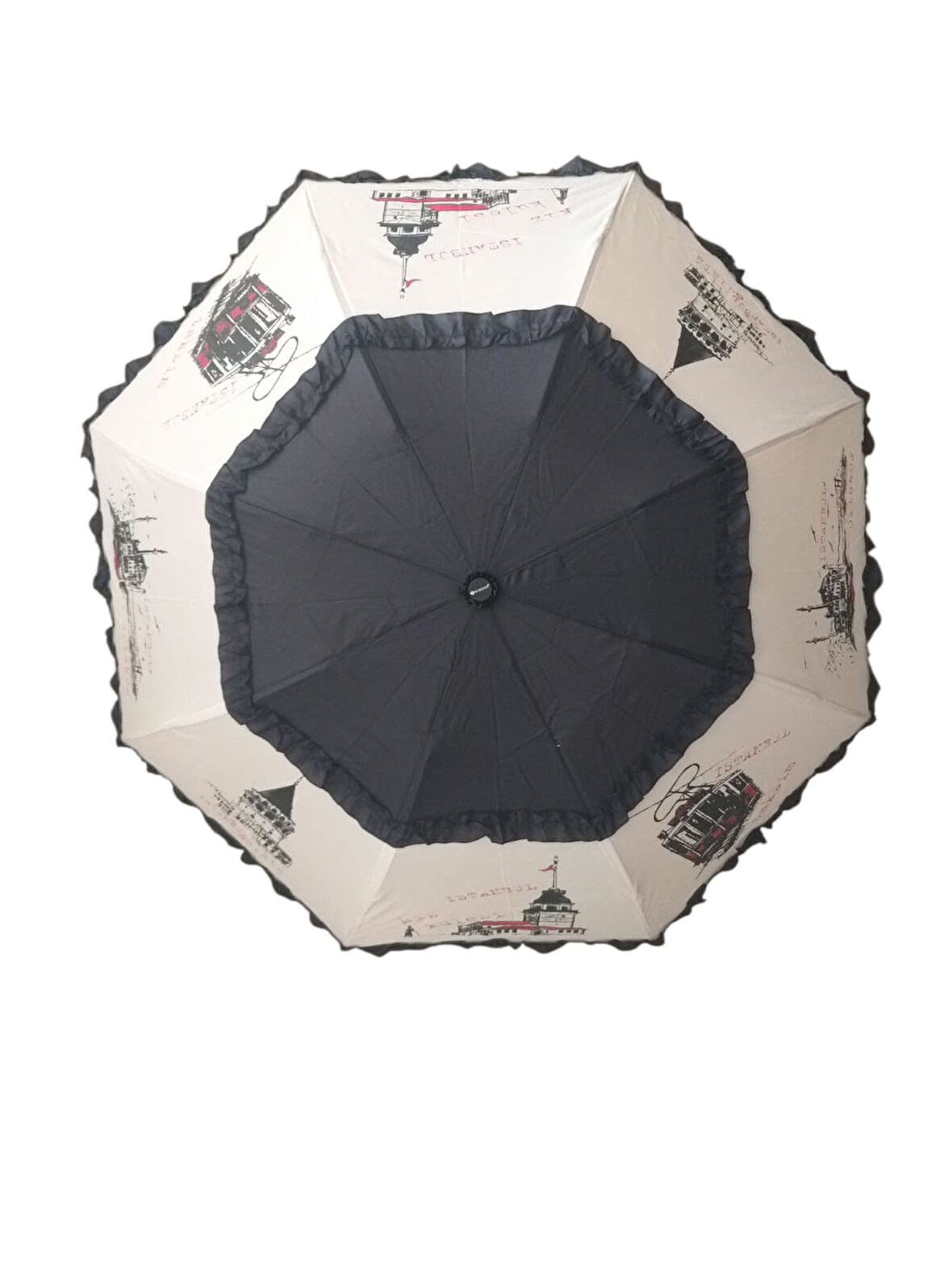 İstanbul Desenli Ruzgara dayanıklı Manuel Kadın Şemsiyesi Siyah-Bej