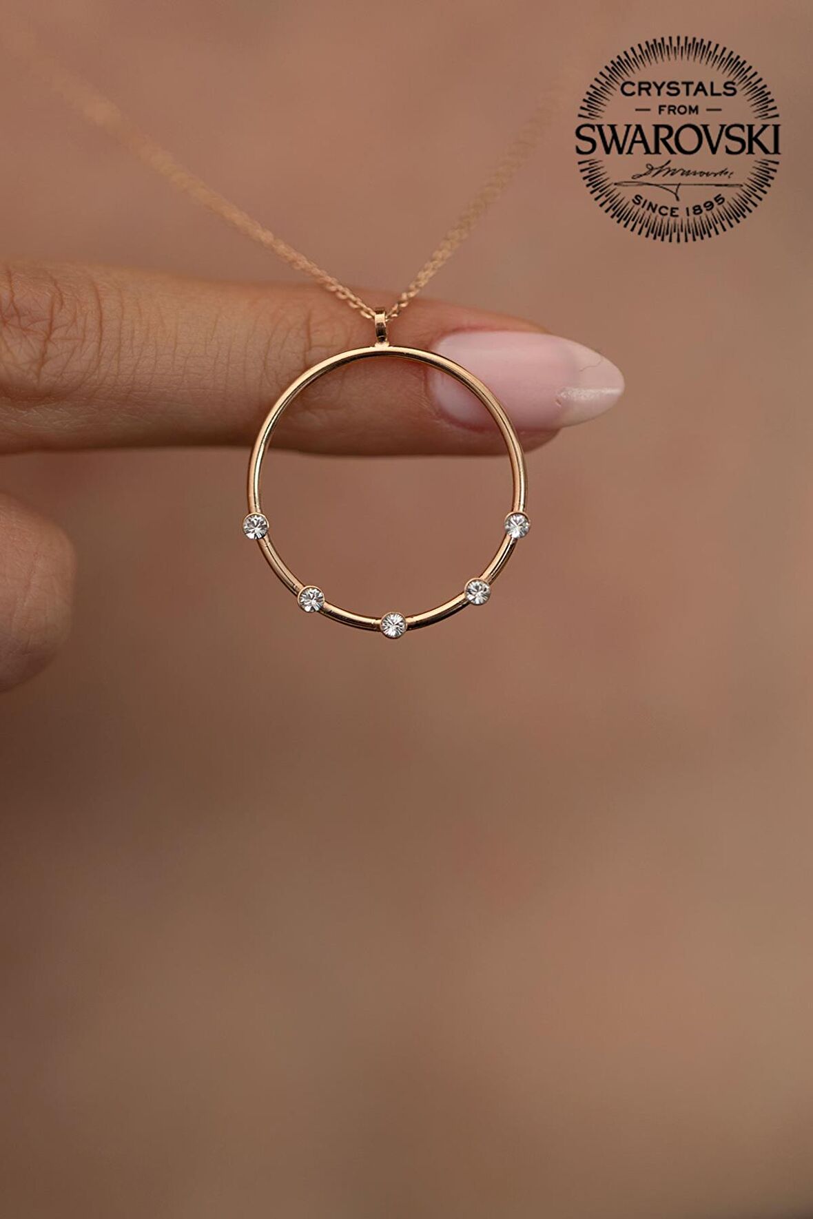 Swarovski Taşlı Halka Model Beştaşlı Rose Kaplama Gümüş Crystal Kolye