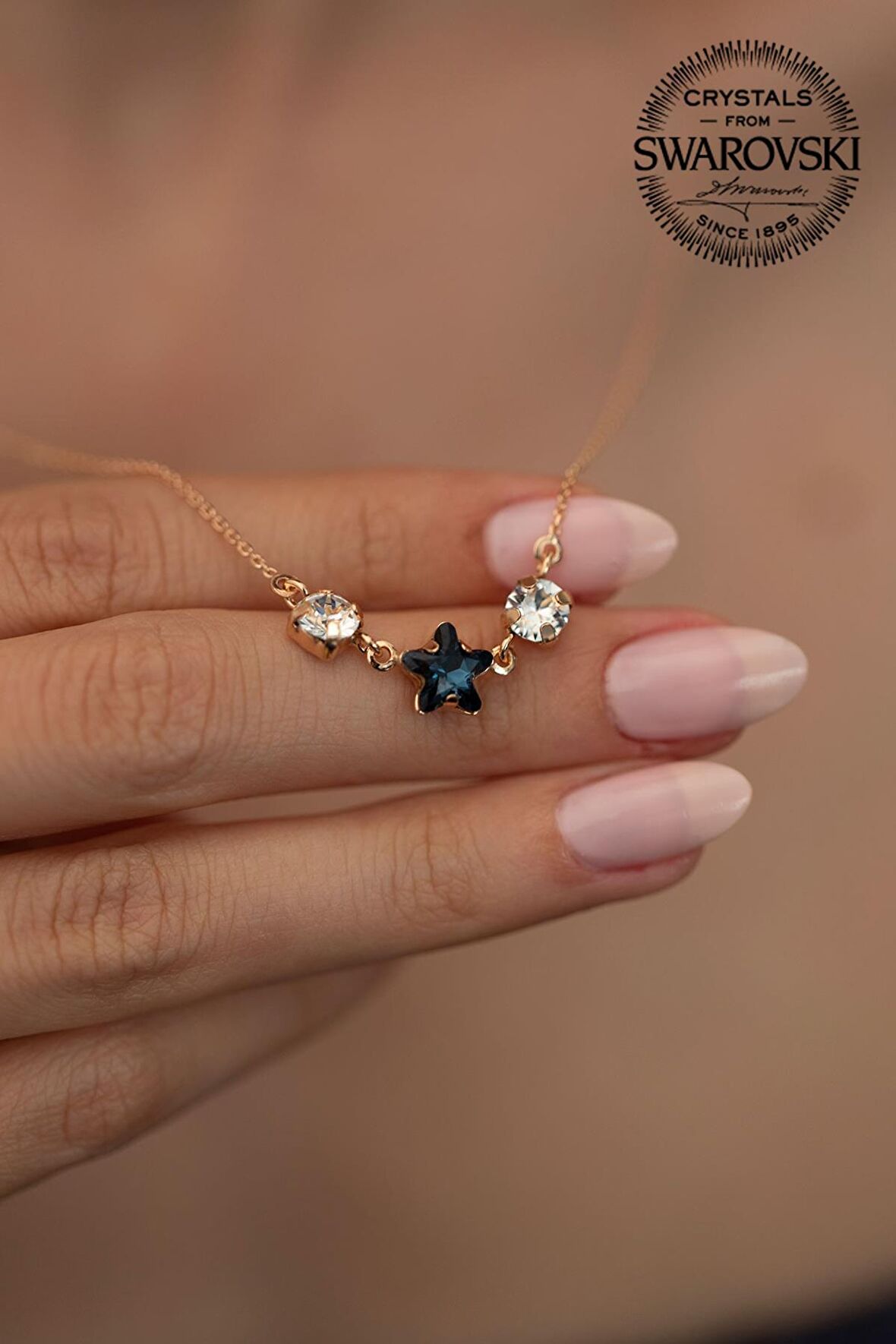 Swarovski Taşlı Yıldız Model Rose Kaplama Gümüş Crystal Kolye