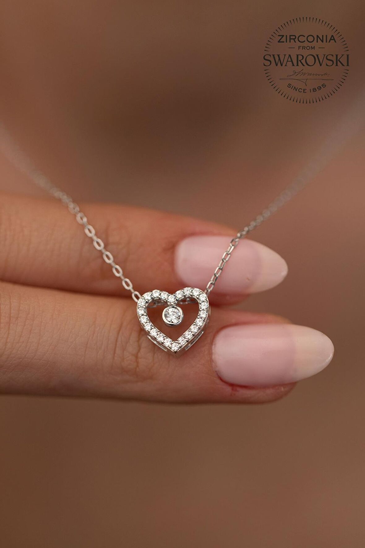 Swarovski Taşlı Kalp ve Tektaş Model Gümüş Zirconia Kolye