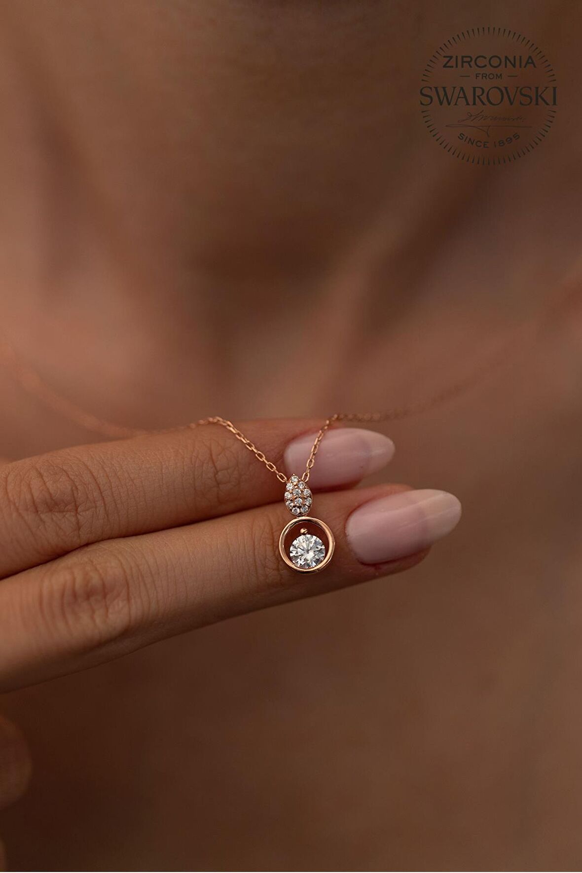 Swarovski Taşlı Damla ve Halka Model Rose Kaplama Gümüş Zirconia Kolye