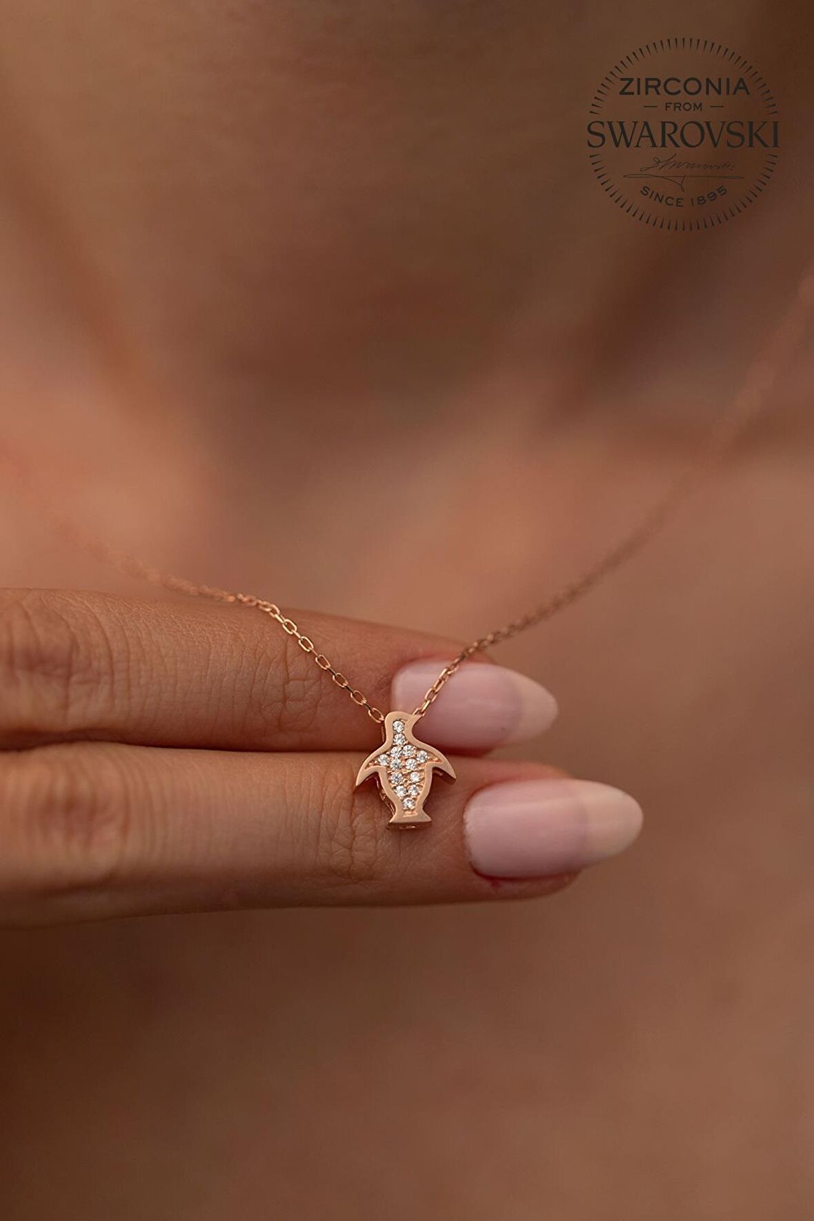 Swarovski Taşlı Penguen Model Rose Kaplama Gümüş Zirconia Zirconia Kolye