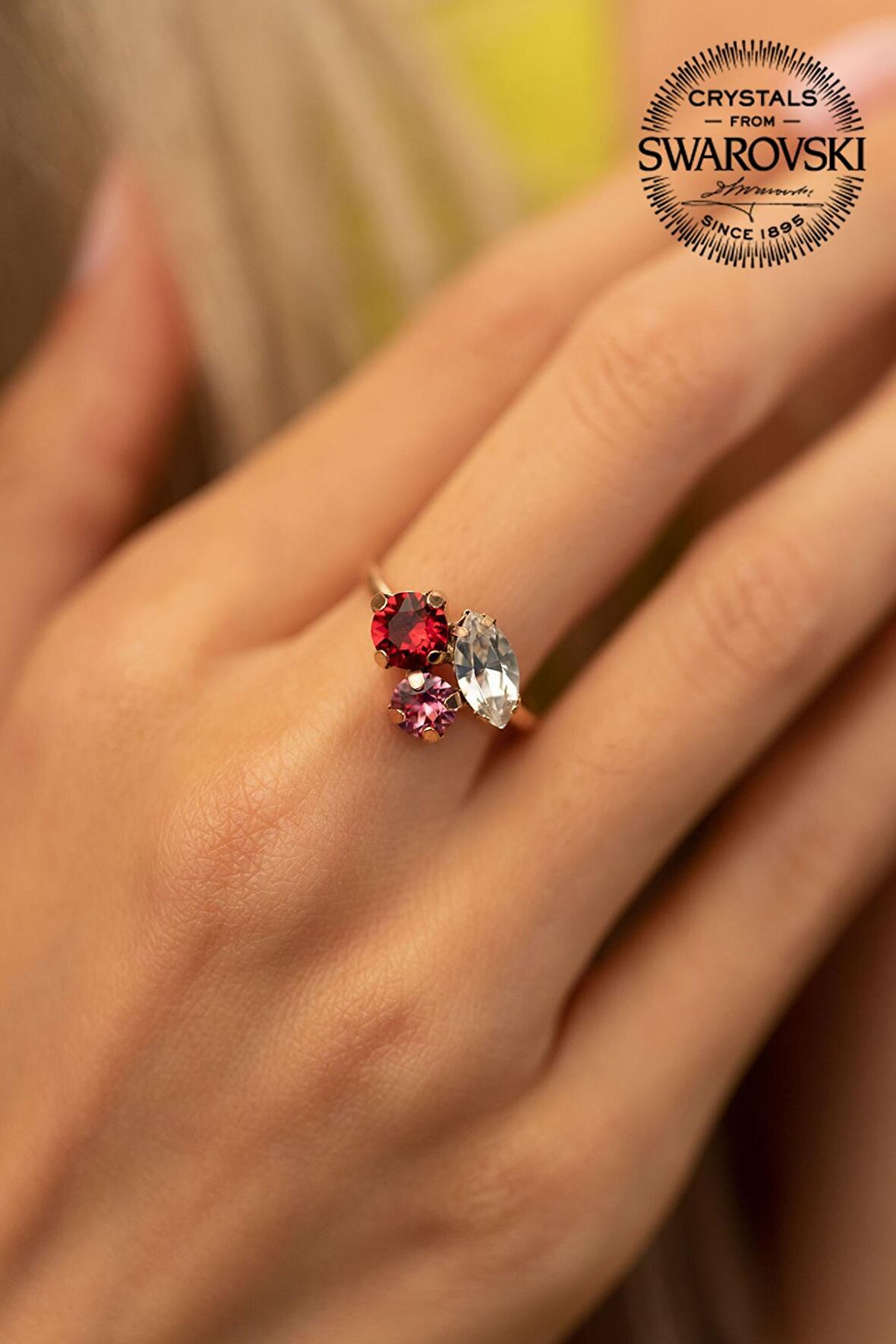 Swarovski Taşlı Yaprak Model Rose Kaplama Gümüş Crystal Yüzük