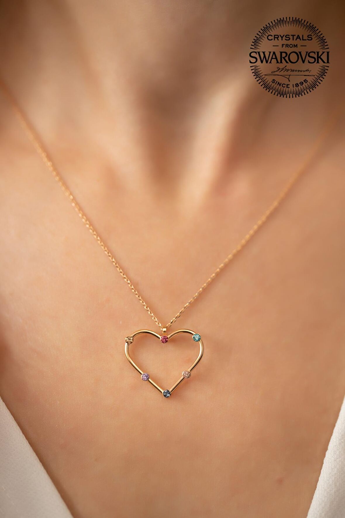 Swarovski Taşlı Kalp Model Rose Kaplama Gümüş Crystal Kolye