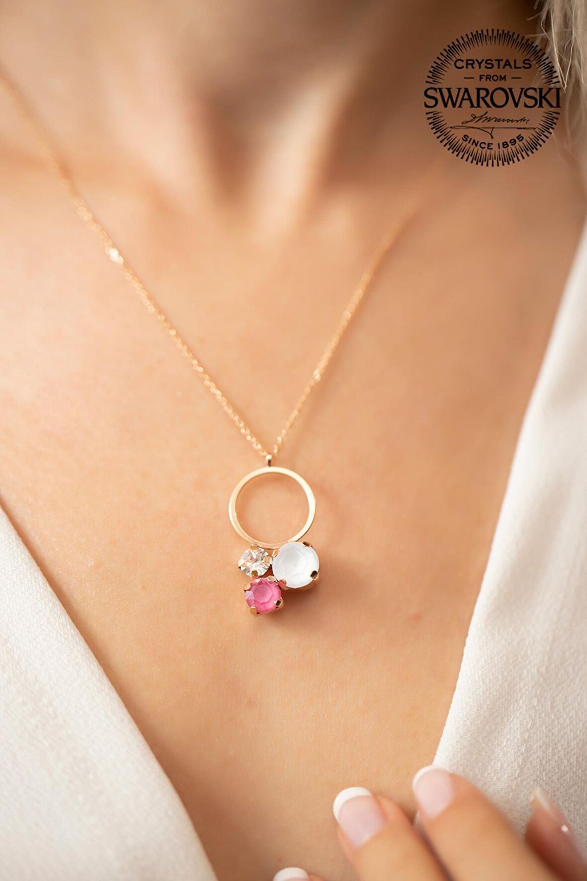Swarovski Taşlı Halka ve Üçtaş Model Rose Kaplama Gümüş Crystal Kolye