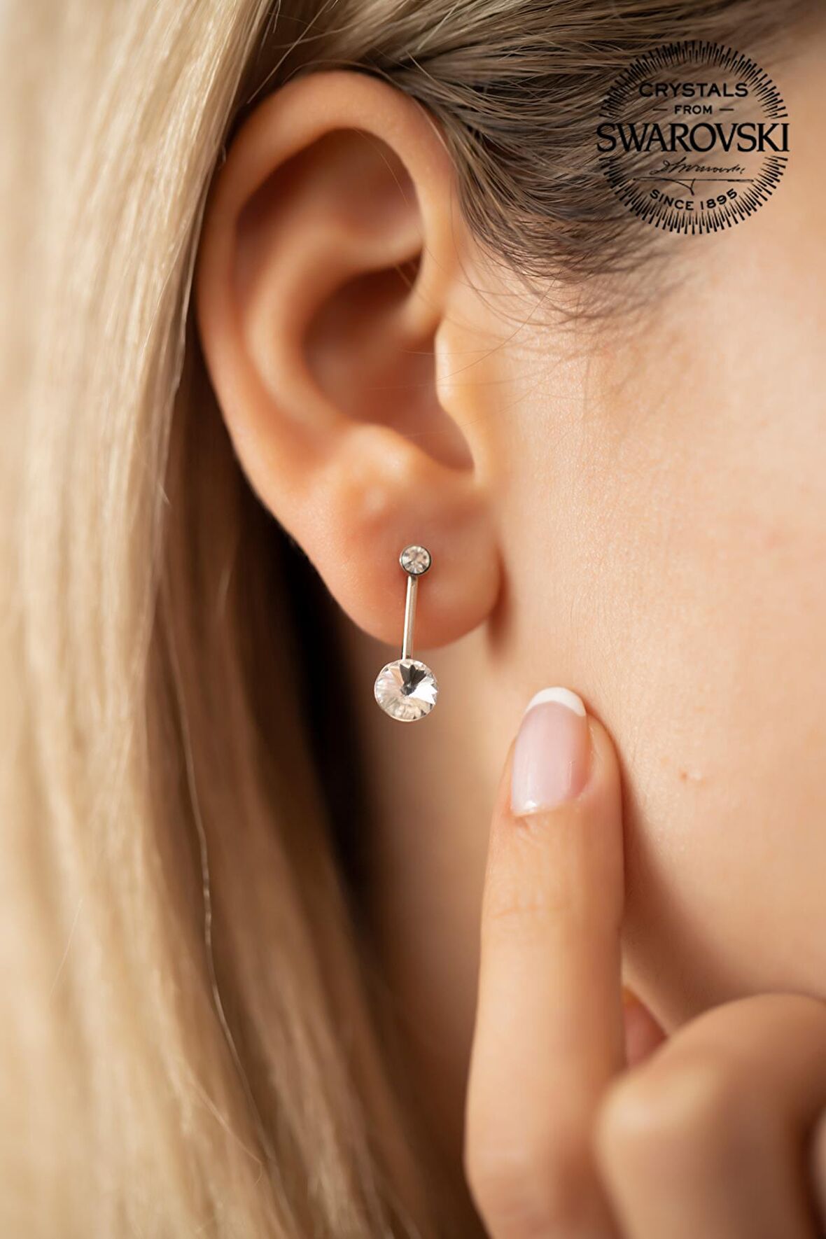 Swarovski Taşlı Çiftaş ve Çubuk Model Gümüş Crystal Küpe
