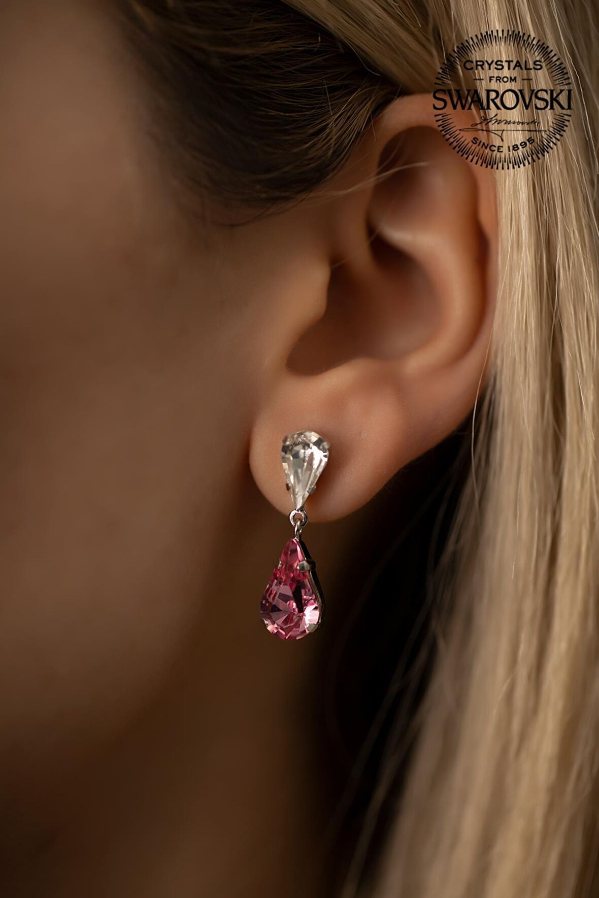 Swarovski Taşlı Çift Damla Model Gümüş Crystal Küpe