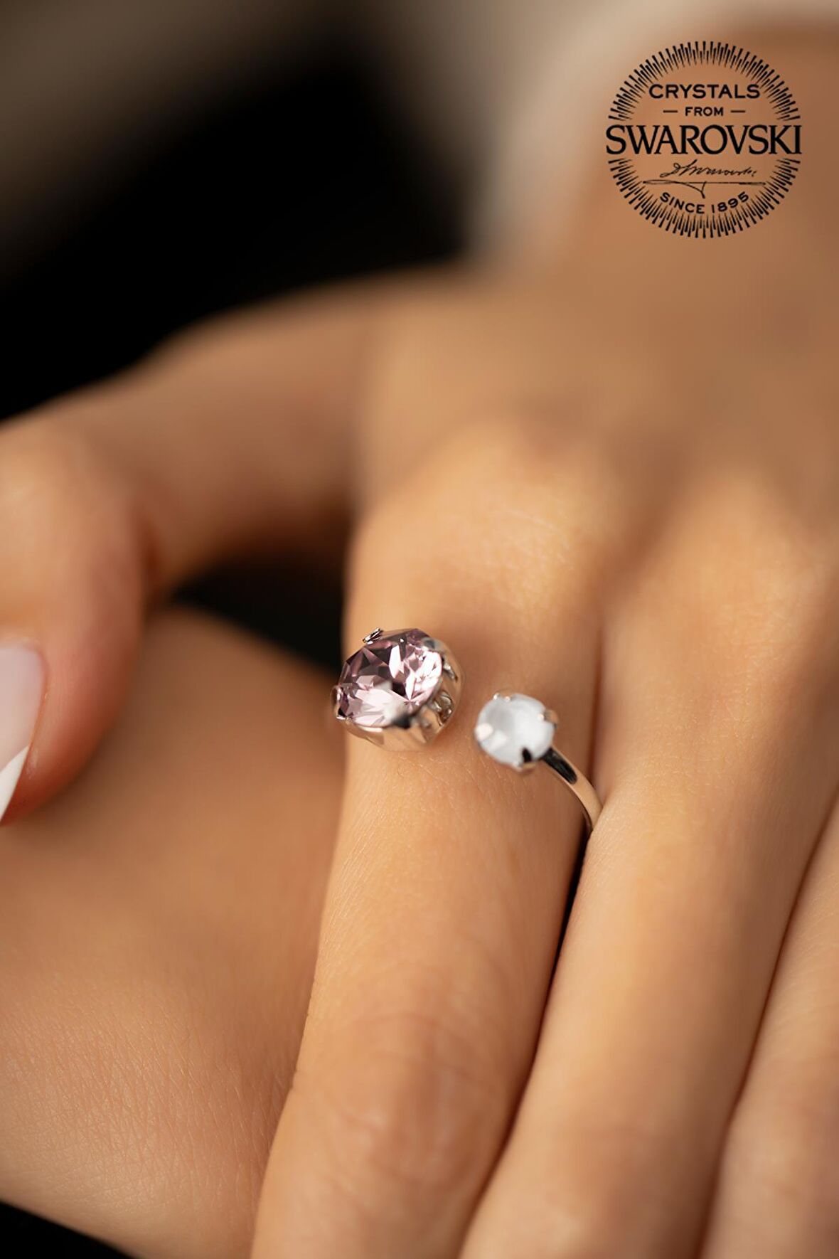 Swarovski Taşlı İki Taş Model Gümüş Crystal Yüzük