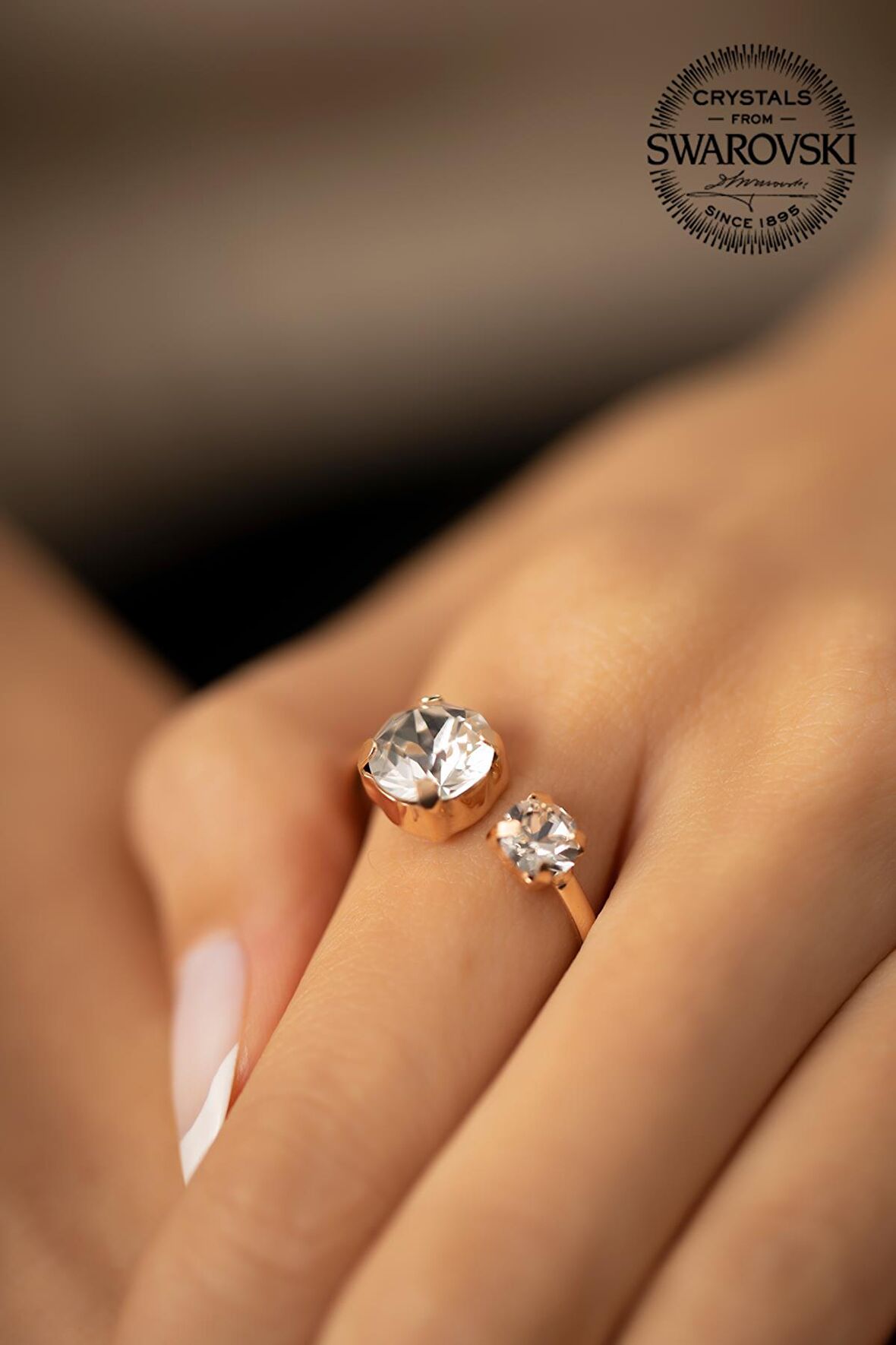 Swarovski Taşlı Çift Taş Model Rose Kaplama Gümüş Crystal Yüzük
