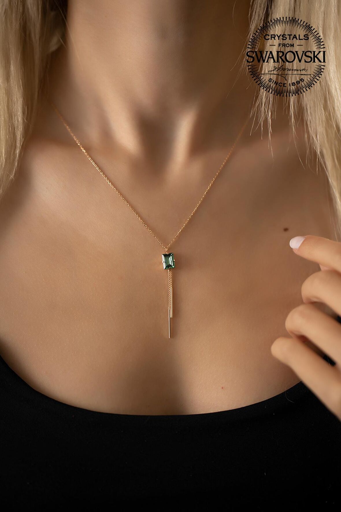 Swarovski Taşlı Baget ve Sallantılı Model Rose Kaplama Gümüş Crystal Kolye