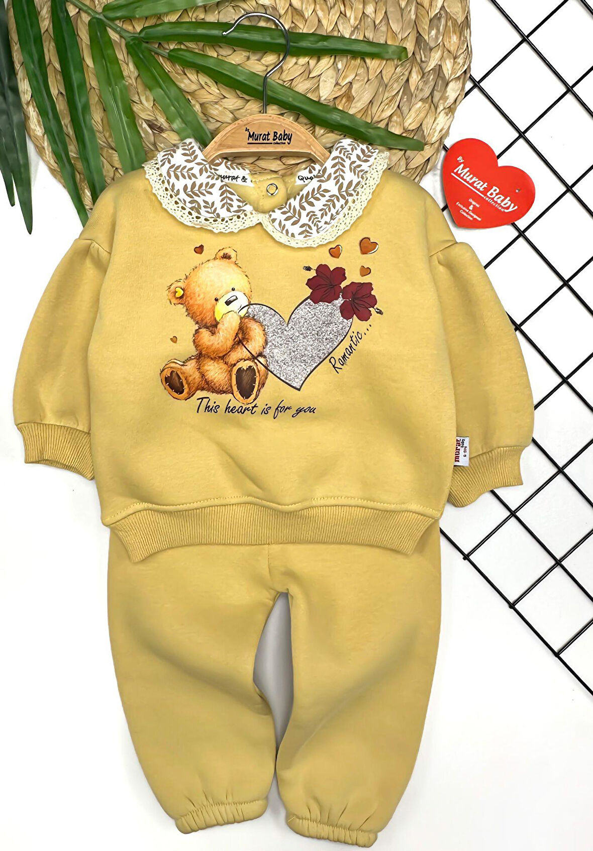 Kız Bebek Ayıcık Kalpli Bebe Yaka Şardonlu Alt-Üst Takım