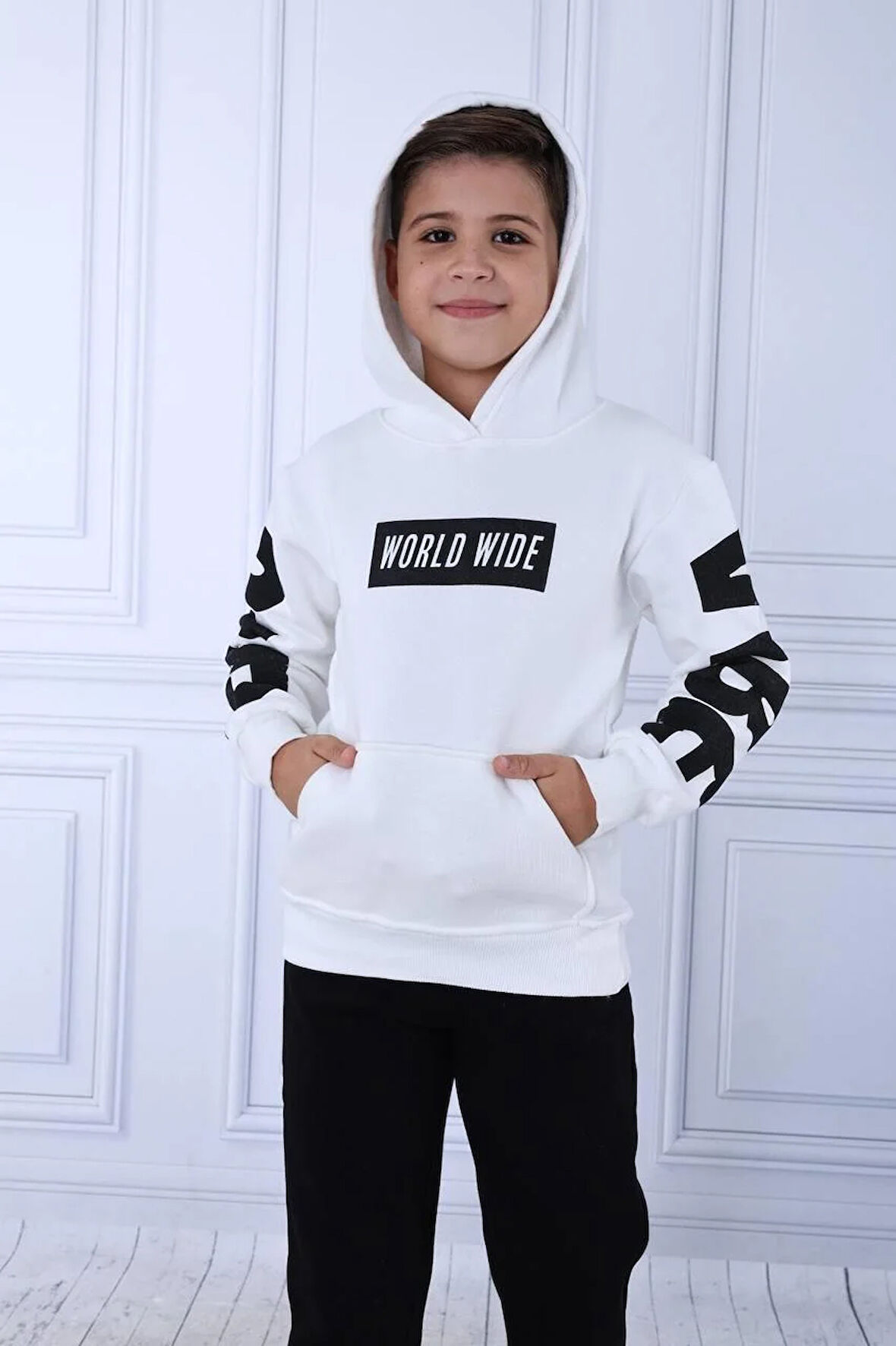 Erkek Çocuk Kapşonlu 3 İplik Şardonlu World Wide Yazılı Alt Üst Takım