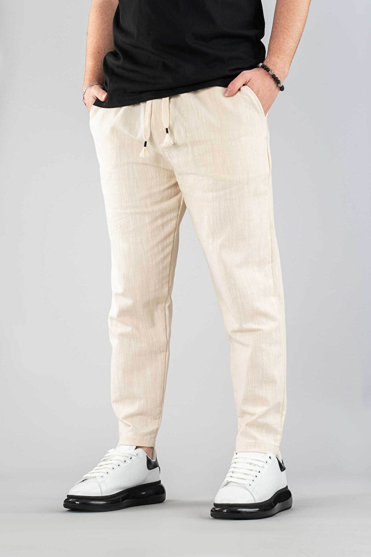 Erkek Jogger Keten Pantolon Beli Lastikli İpli Pamuklu Rahat Boyfriend Pantolon