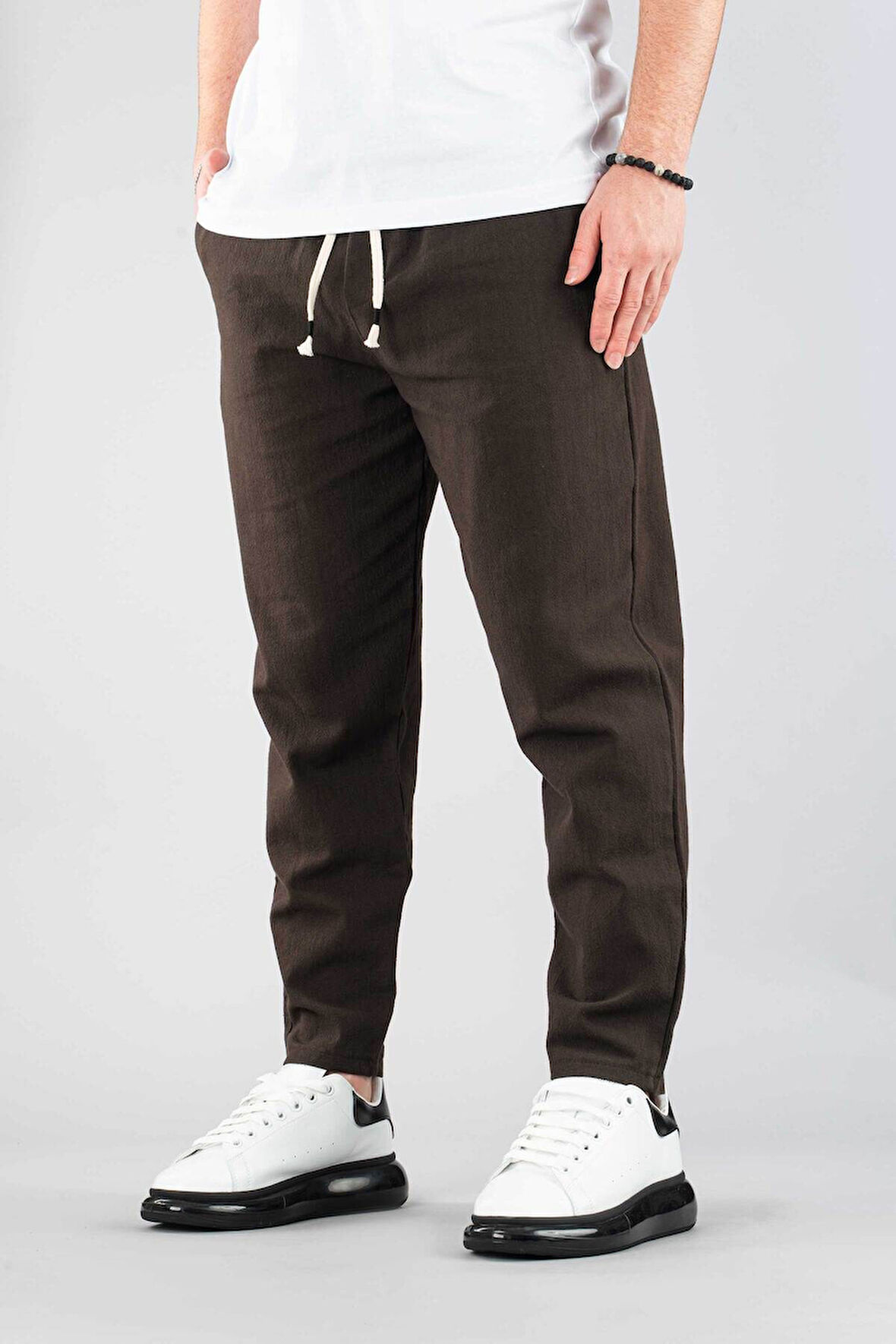 Erkek Jogger Keten Pantolon Beli Lastikli İpli Pamuklu Rahat Boyfriend Pantolon