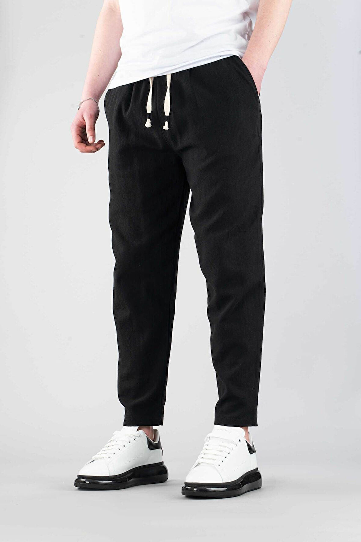 Erkek Jogger Keten Pantolon Beli Lastikli İpli Pamuklu Rahat Boyfriend Pantolon