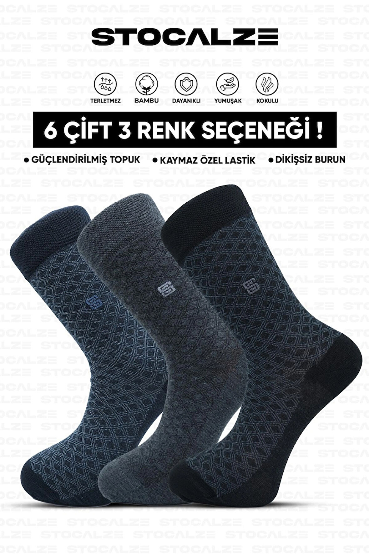 Stocalze Bambu Erkek Dikişsiz 6'lı Soket Çorap. Jakar Desenli Kutulu Parfümlü Erkek Çorap.
