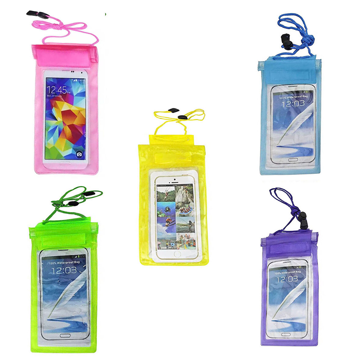  Su Geçirmez Telefon Kılıfı Yeşil-Mavi-Pembe-Mor-Sarı 5 Adet