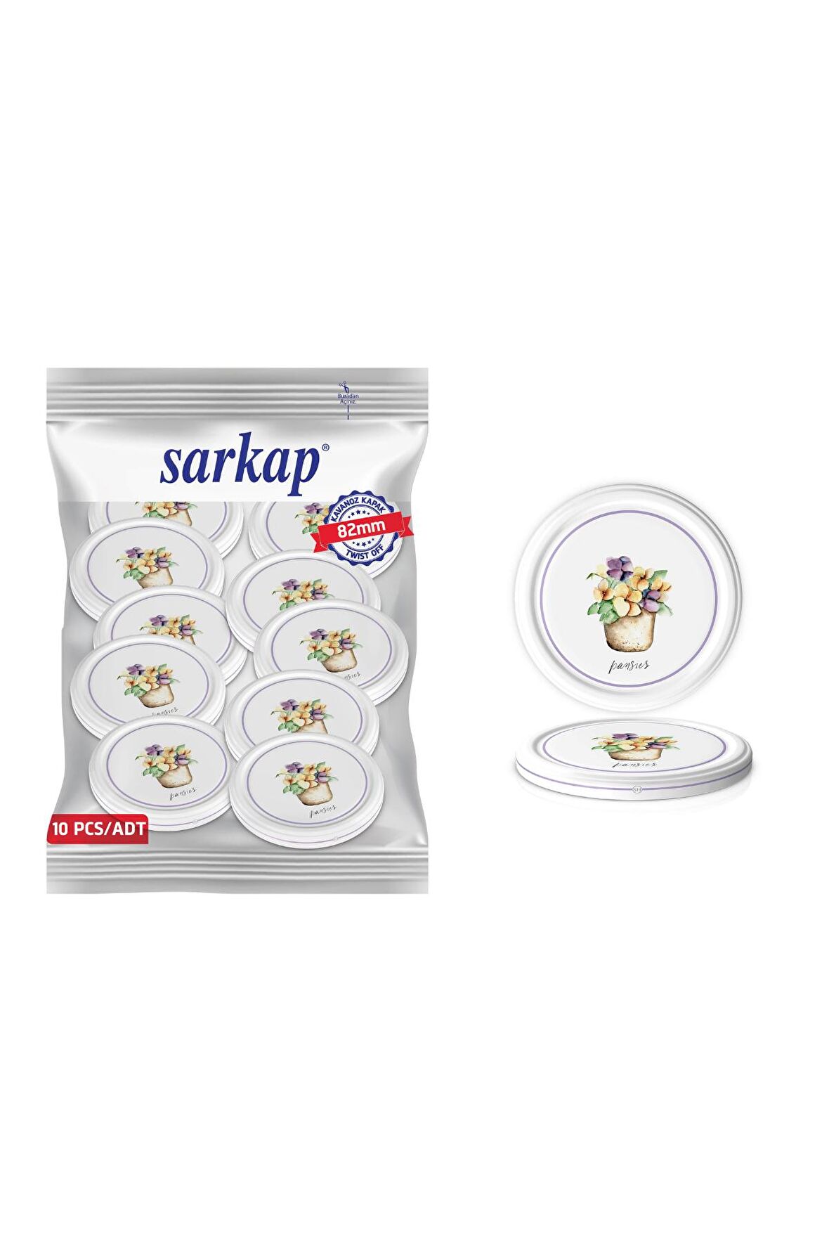 Hijyenik Paketli 10 Adet Kavanoz Kapağı – Pansies Çiçek - 82mm