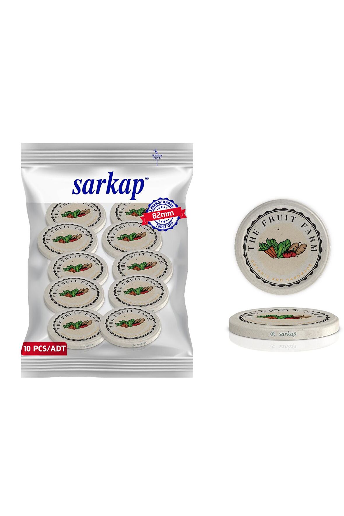 Hijyenik Paketli 10 adet Kavanoz Kapağı – Fruit Farm – 82 mm