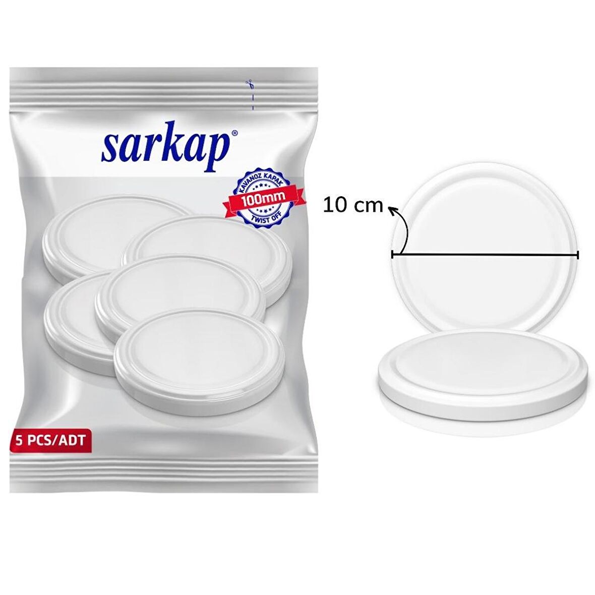 Hijyenik Paketli 5 Adet Kavanoz Kapağı - Beyaz - 100 mm