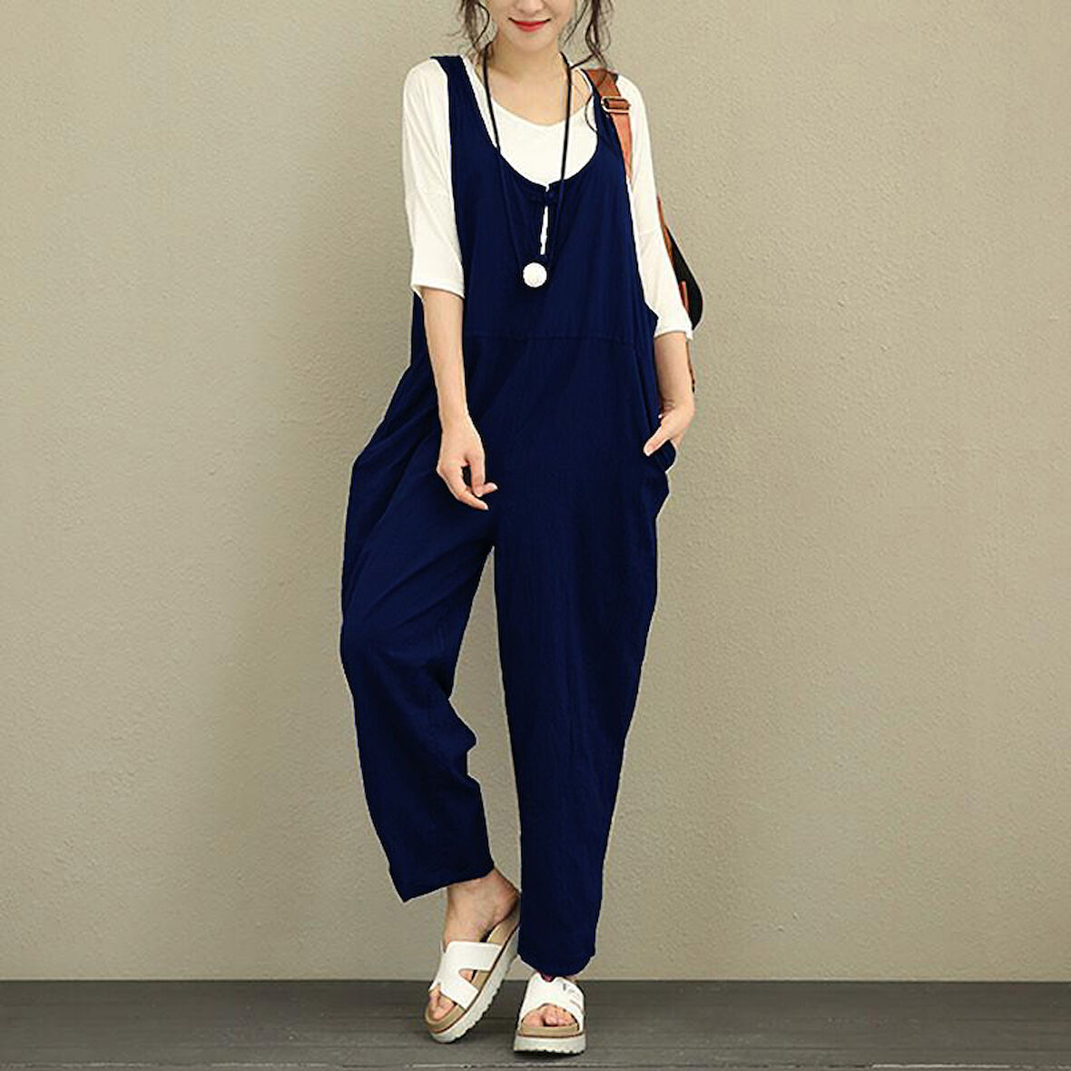 Keten Günlük Yazlık Kalın Askılı Salopet Kadın Tulum