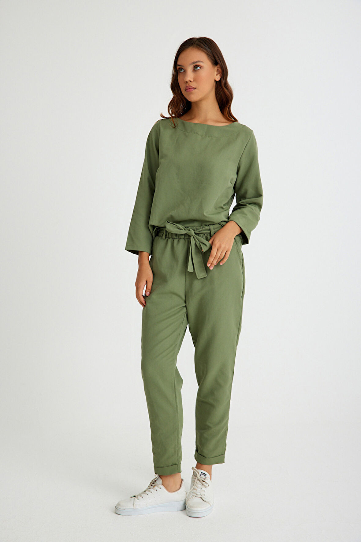 Keten Günlük Rahat Beli Kemerli Kadın İkili Takım Alt Üst