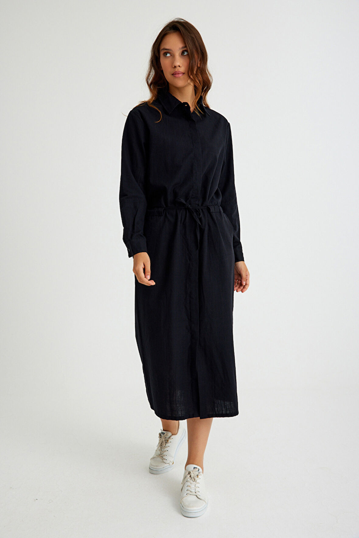 Keten Günlük Rahat Beli Bağcık Detaylı Uzun Kol Elbise