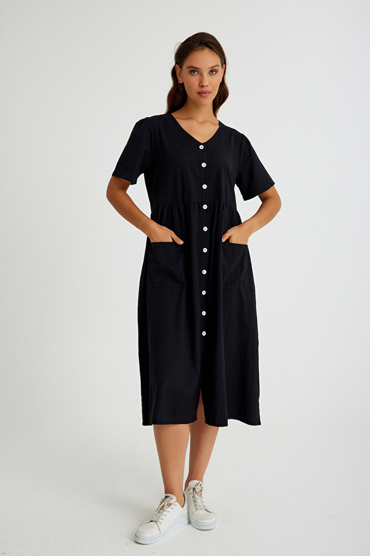 Keten Günlük Rahat V Yaka Beli Büzgü Detaylı Düğmeli Elbise