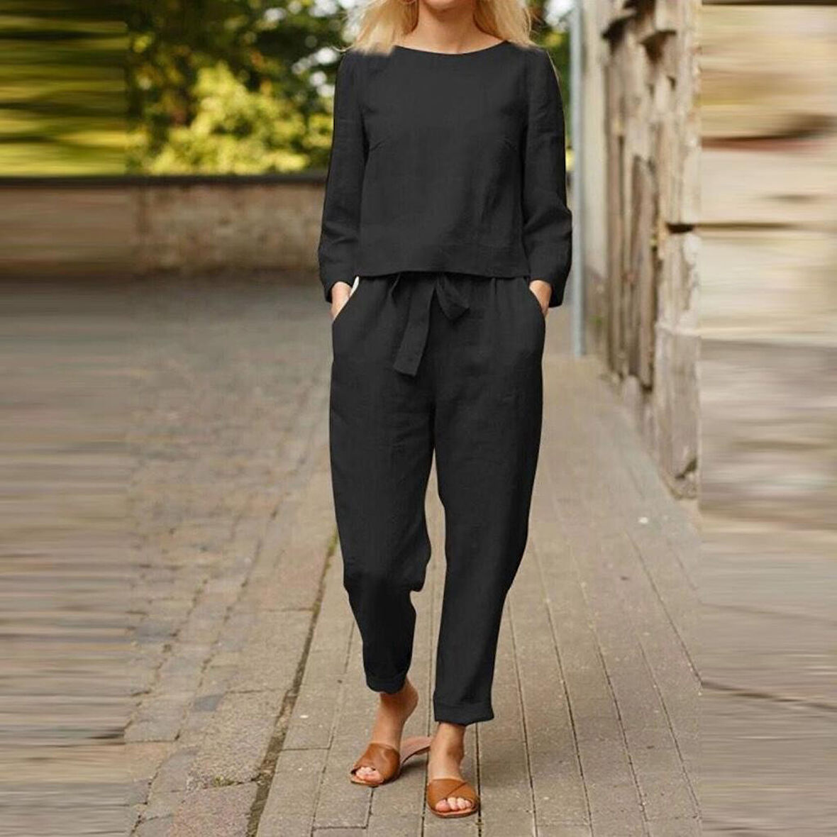 Keten Günlük Rahat Beli Kemerli Kadın İkili Takım Alt Üst