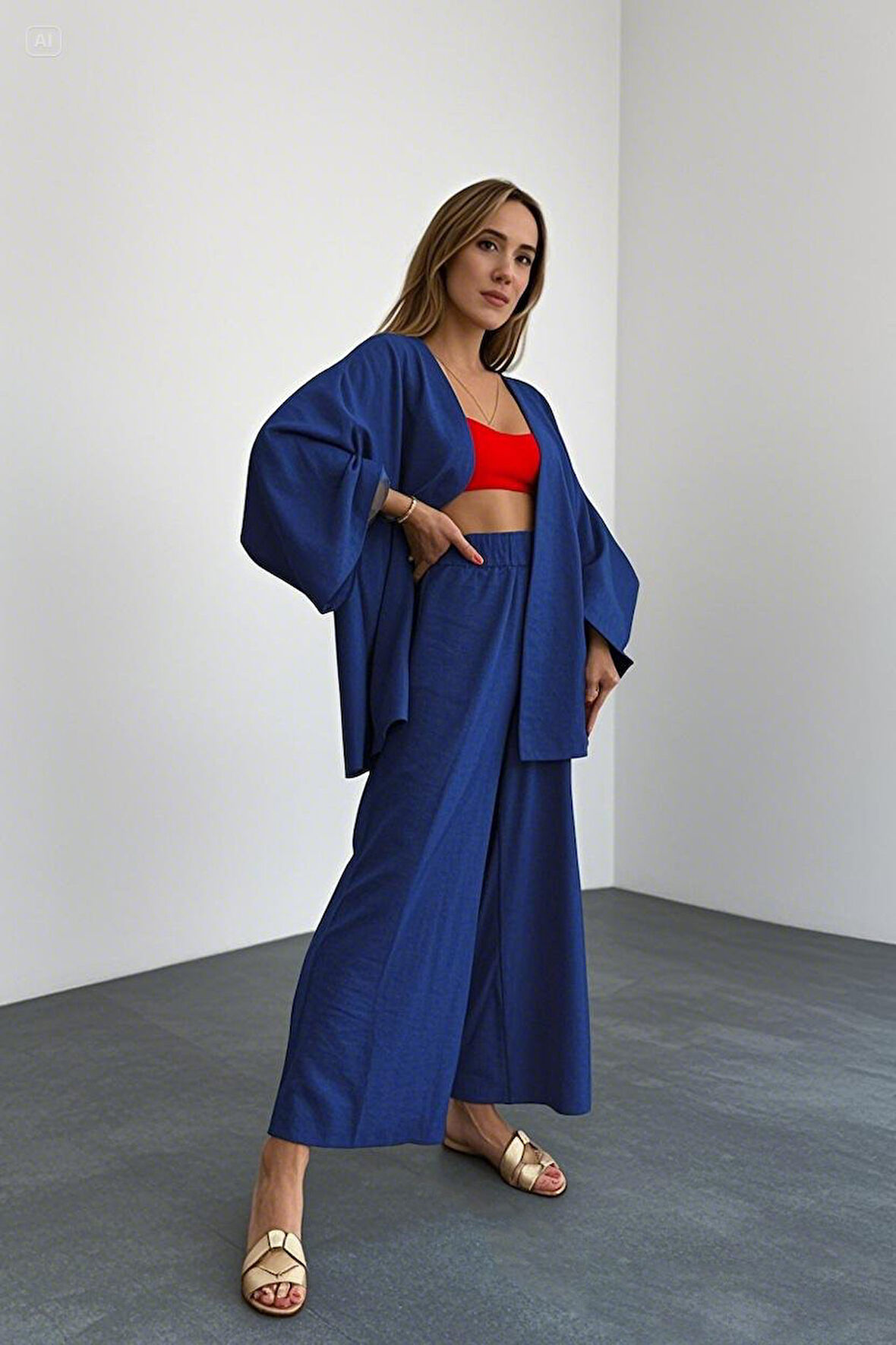 Keten Kadın Salaş Lacivert Kimono İkili Takim