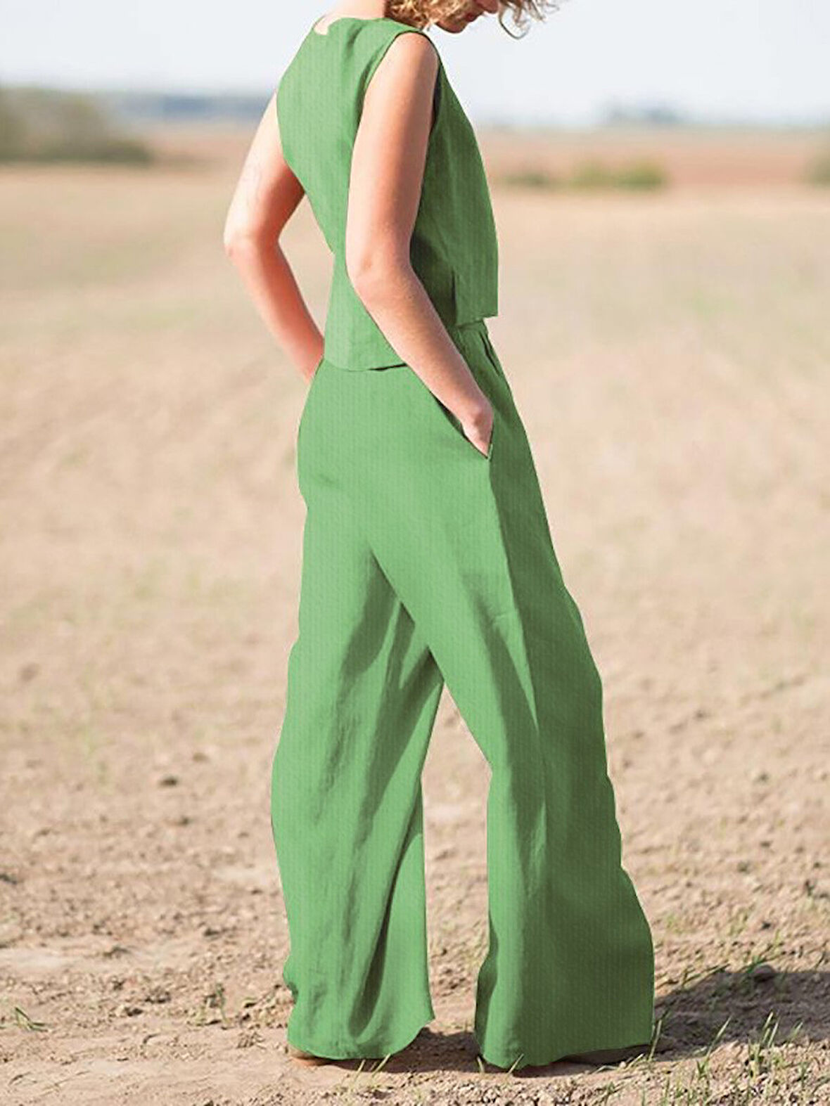 Keten Günlük Rahat  Kolsuz  Alt Üst Kadın Takım