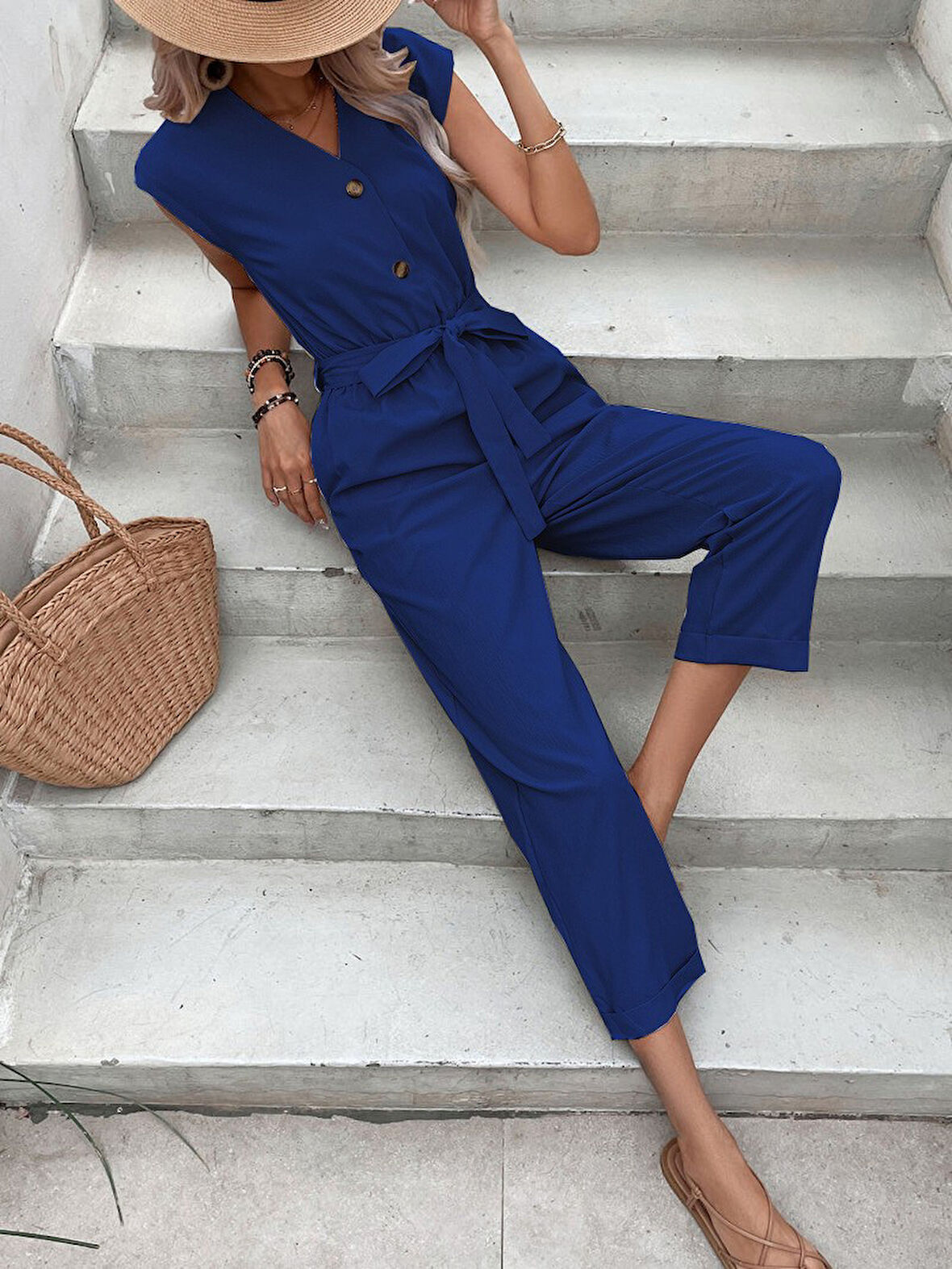 Keten Kadın V Yaka Tek Sıra Düğmeli Lacivert Kolsuz Tulum