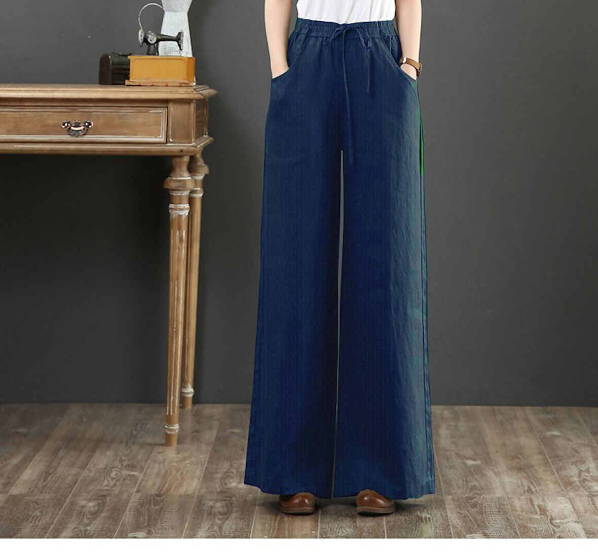 Keten Günlük Pantolon Beli Lastikli Bağcıklı