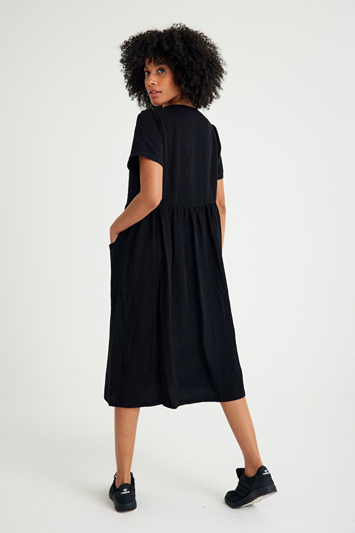 Keten Günlük Rahat V Yaka Beli Büzgü Detaylı Düğmeli Elbise