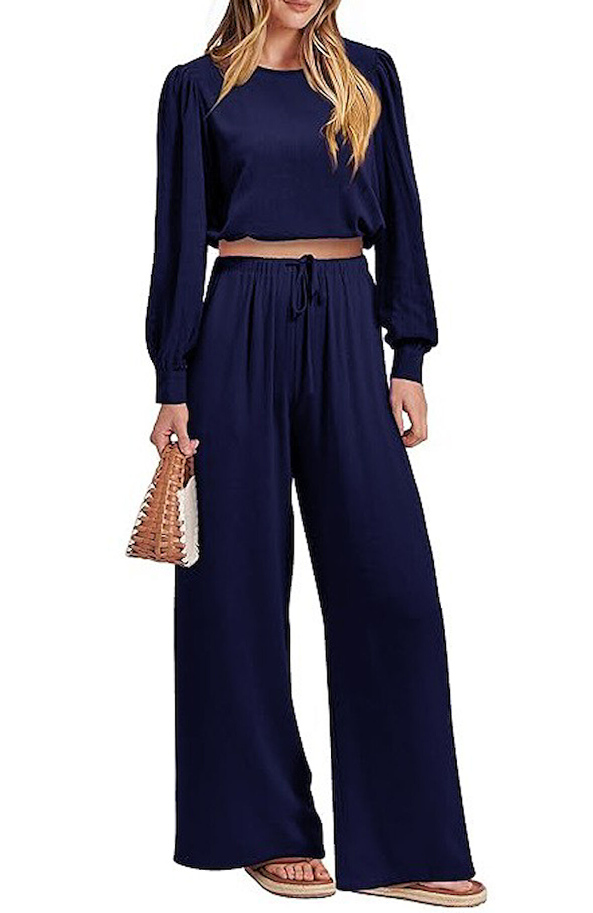 Keten Yazlık Yüksel Bel Pantolon Balon Kol Tasarım Bluz İkili takım Alt Üst