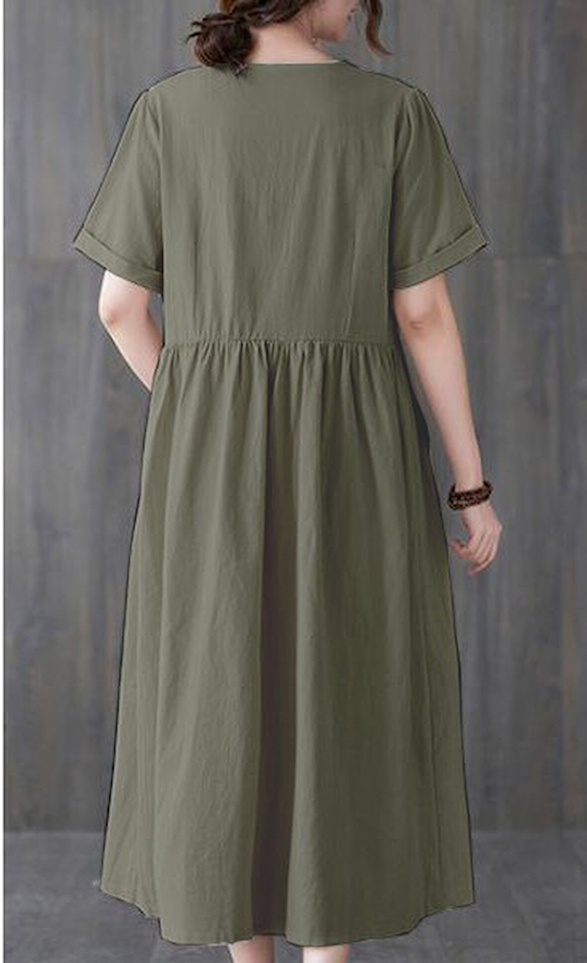 Keten Günlük Rahat V Yaka Beli Büzgü Detaylı Düğmeli Elbise