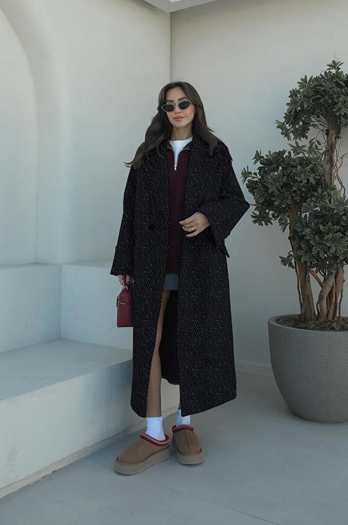 Salaş Balık Sırtı Desenli Kaşe Kaşmir Kaban astarlı