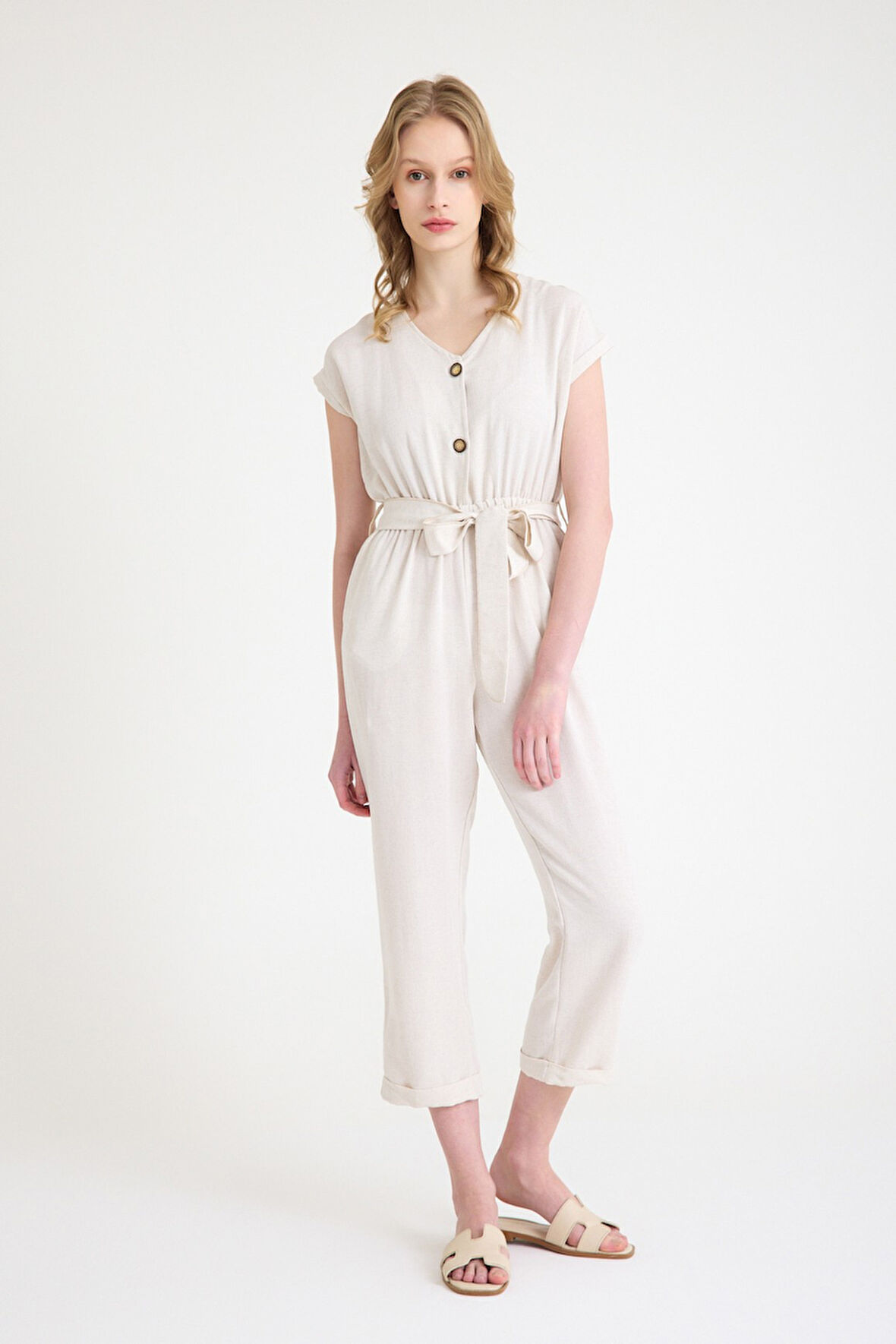 Keten Kadın V Yaka Tek Sıra Düğmeli Kolsuz Tulum