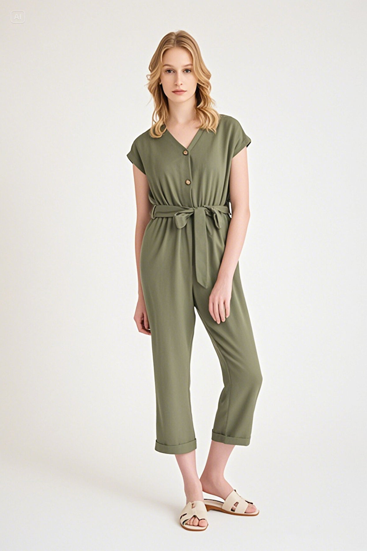 Keten Kadın V Yaka Tek Sıra Düğmeli Kolsuz Tulum