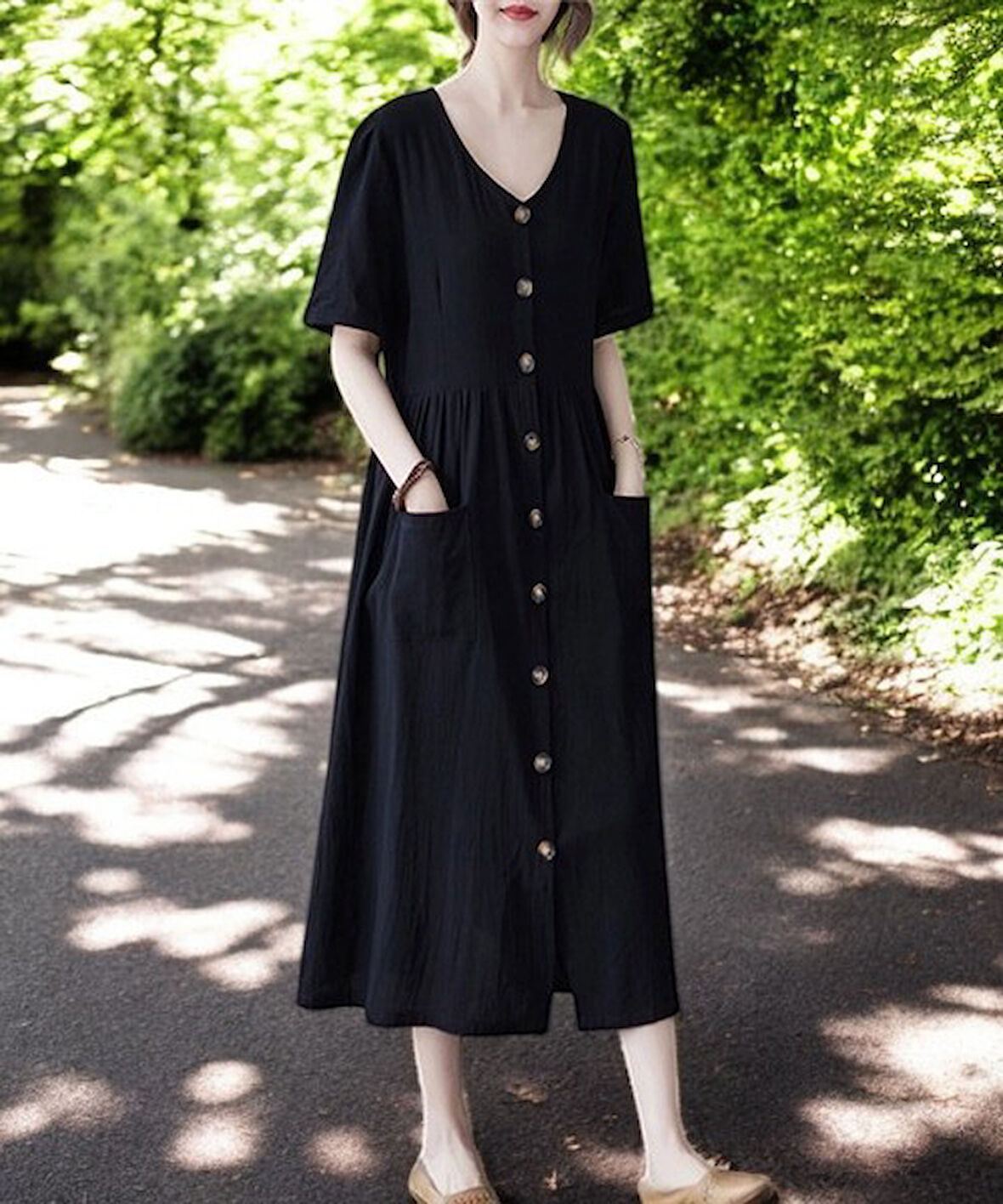 Keten Günlük Rahat V Yaka Beli Büzgü Detaylı Düğmeli Elbise