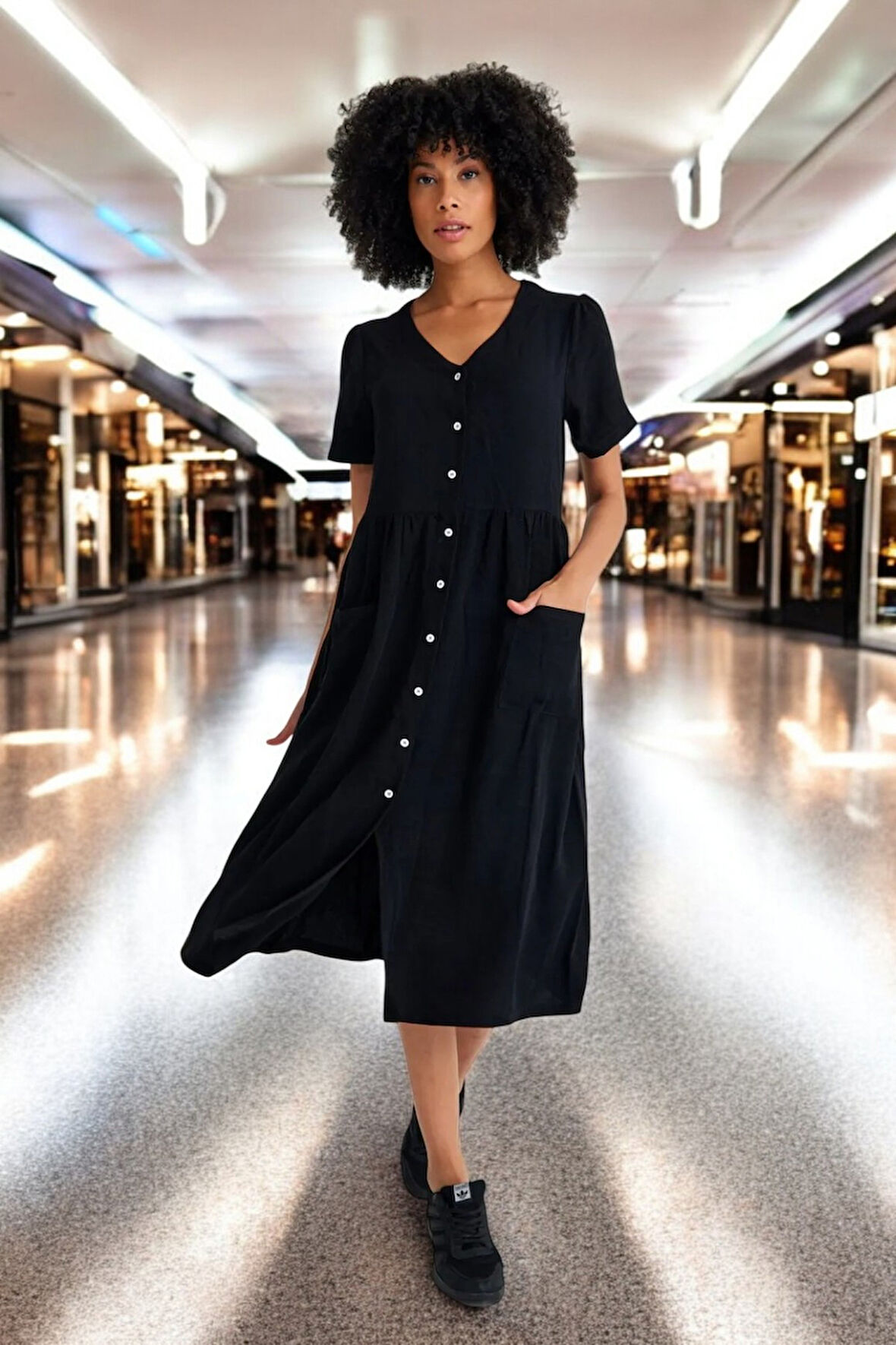 Beli Büzgülü V Yaka Keten Elbise