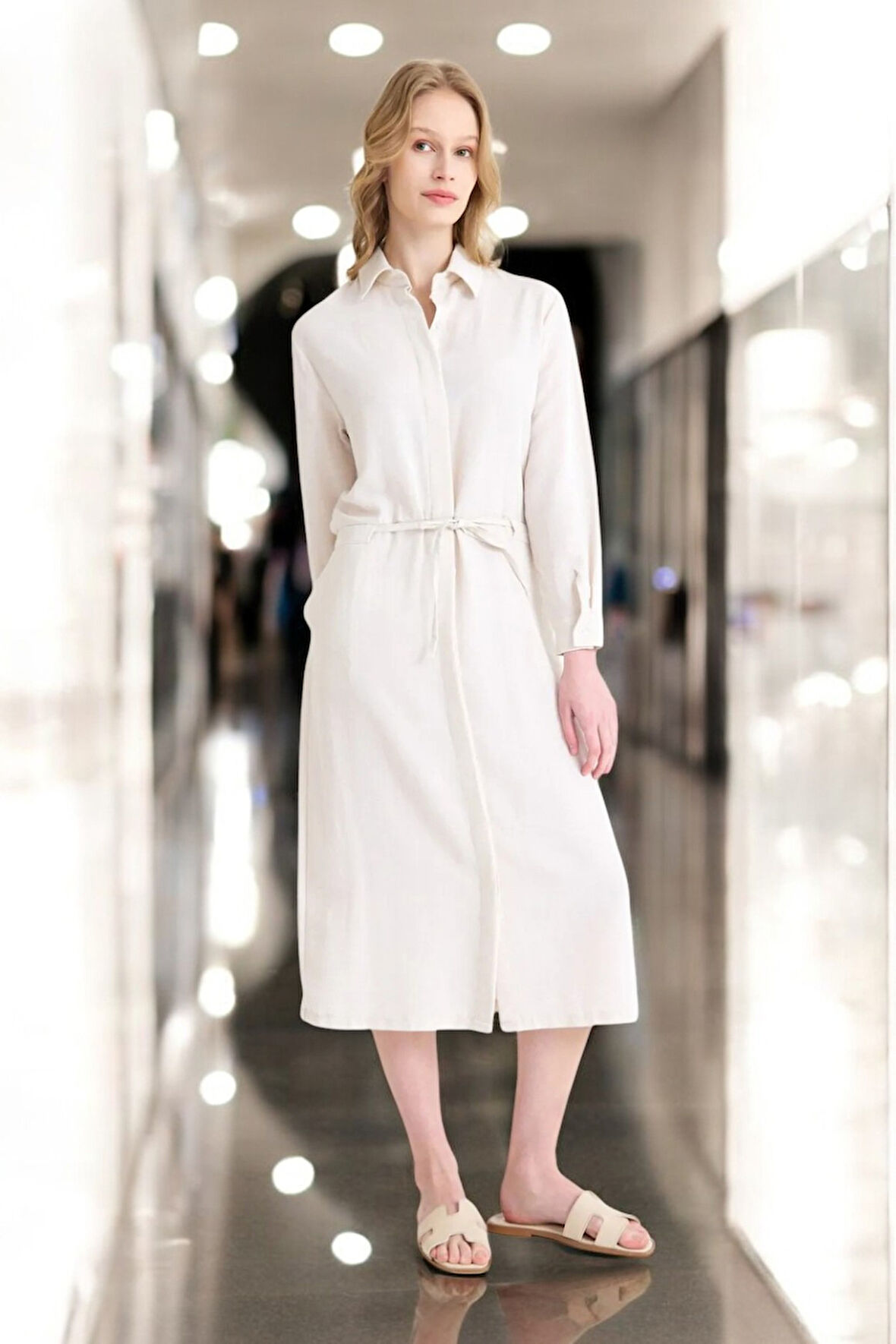 Bağcık Detaylı Yazlık Şık Keten Elbise