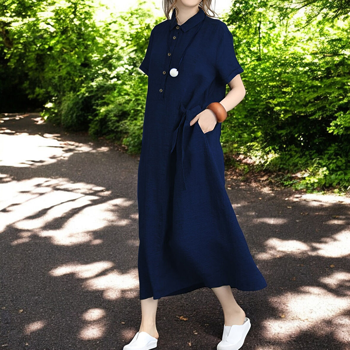 Yazlık Tam Boy Rahat Gömlek Yaka Keten Elbise