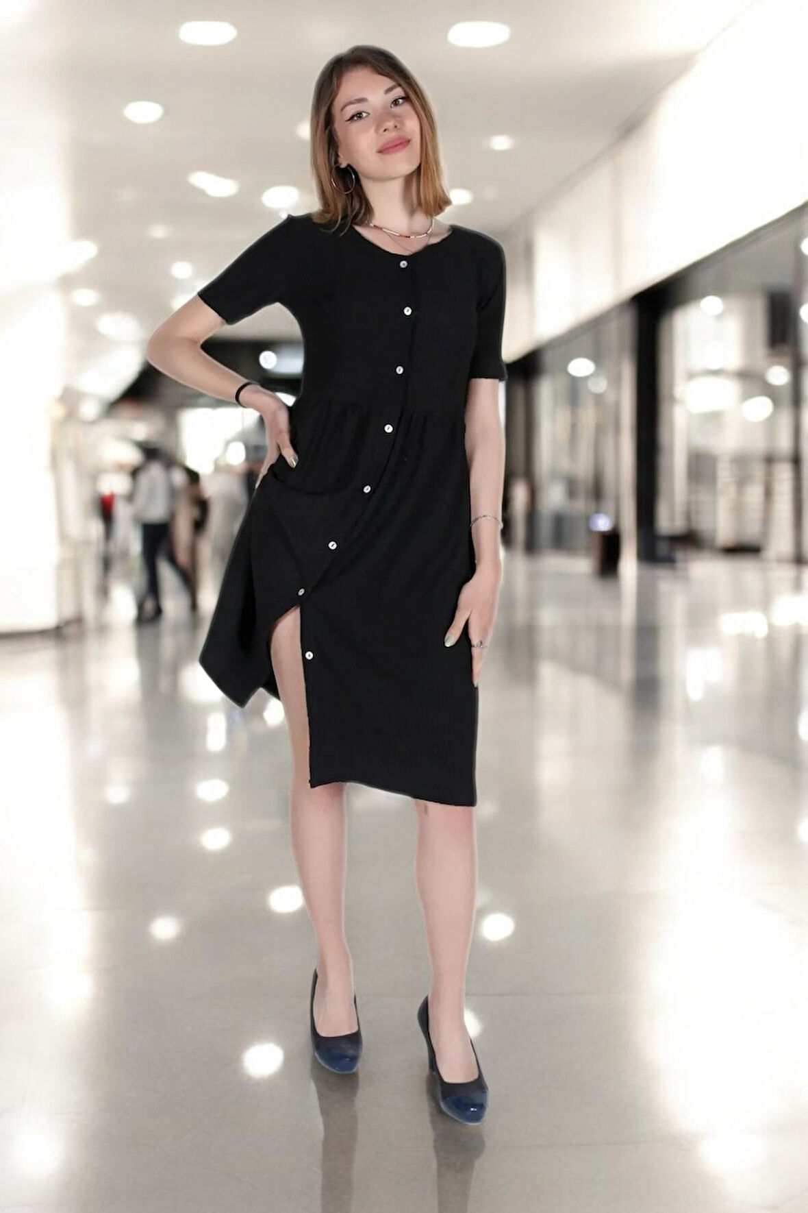 Yazlık V Yaka Kısa Kol Büzgü Detaylı Keten Elbise