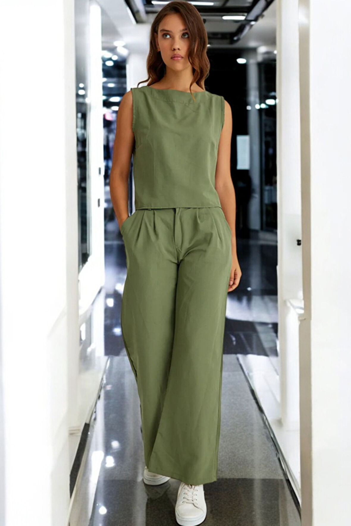 Yazlık Kolsuz Alt Üst Keten Takım