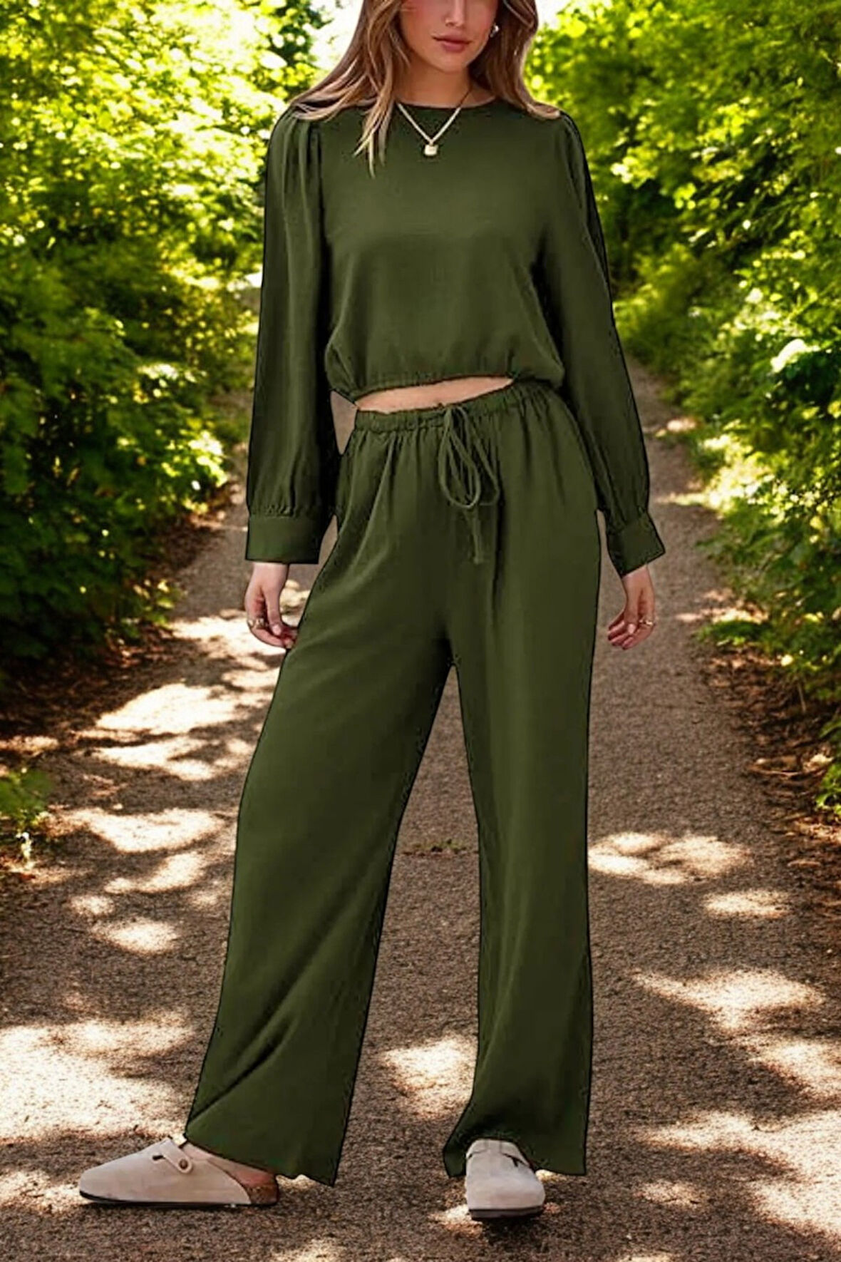 Yazlık Yüksek Bel Balon Kol Rahat Keten Takım