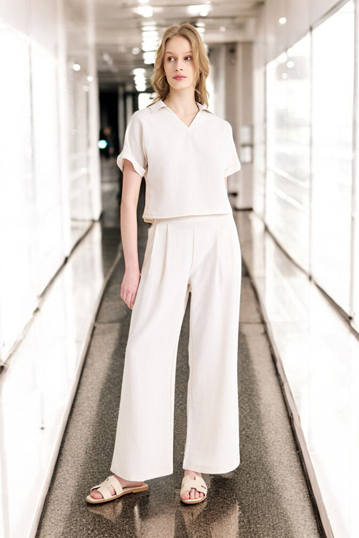 Yazlık V Yaka Şık Keten Takım