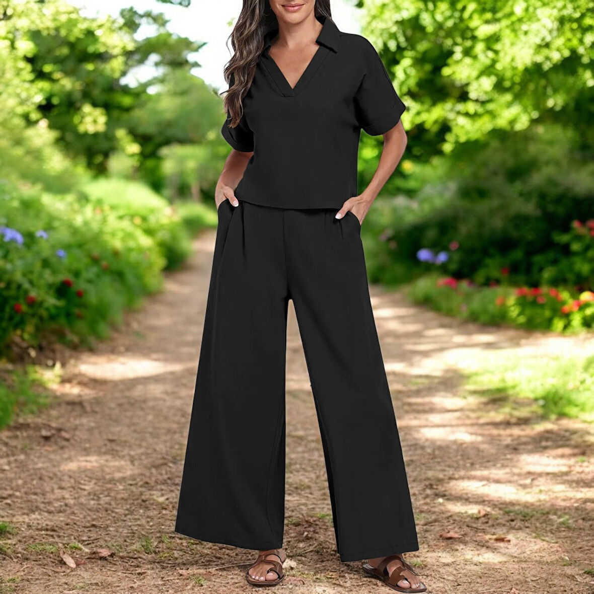 Yazlık Şık V Yaka Keten Takım